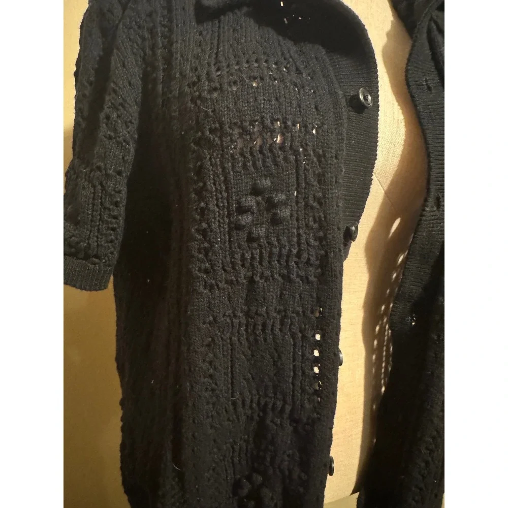 Black Crochet Cardigan M Short Sleeve Button Up Boho Knit Top Open Front Relaxed - Picture 4 of 10